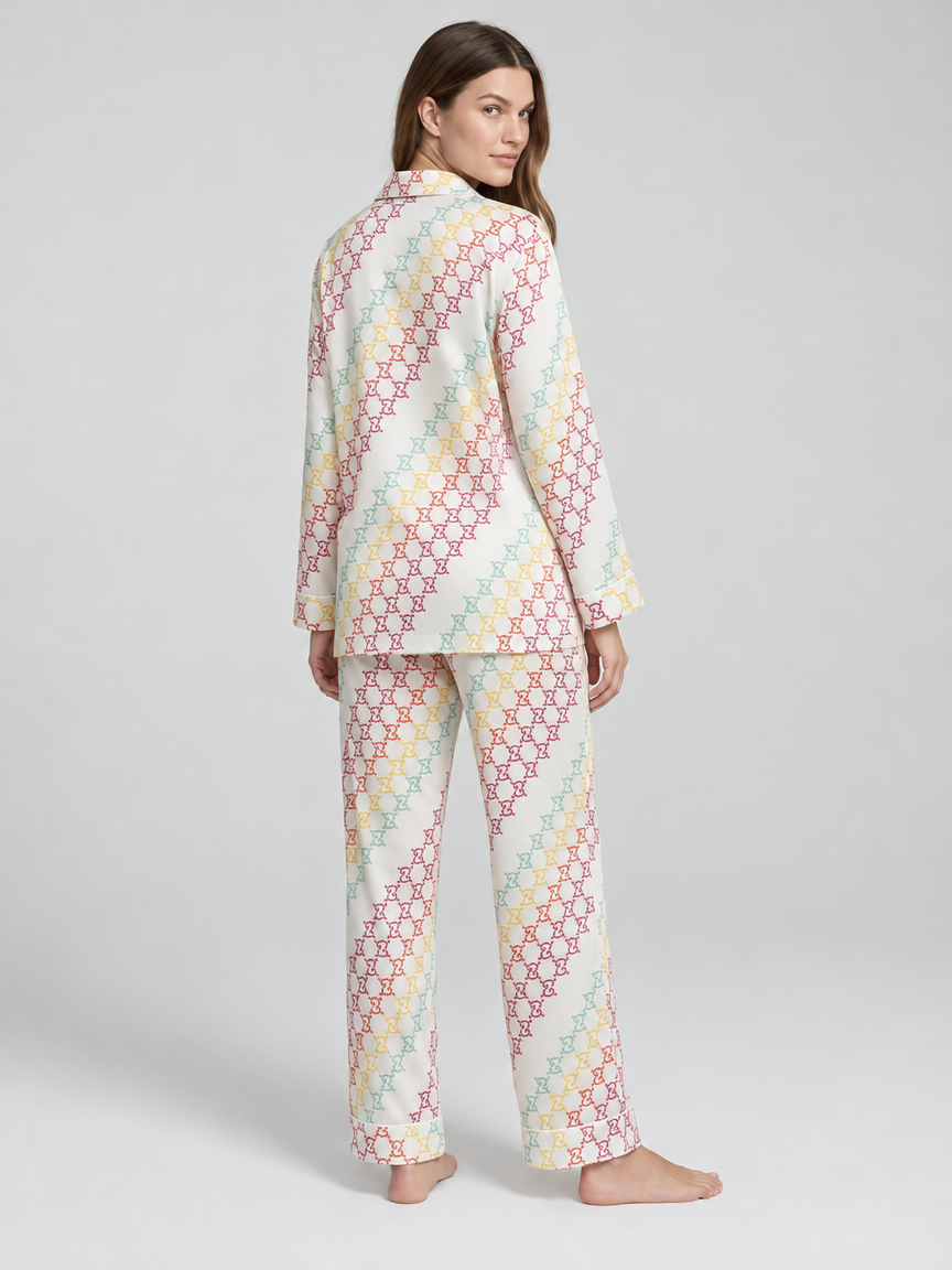 Multicolour Motif Pajama Set, White