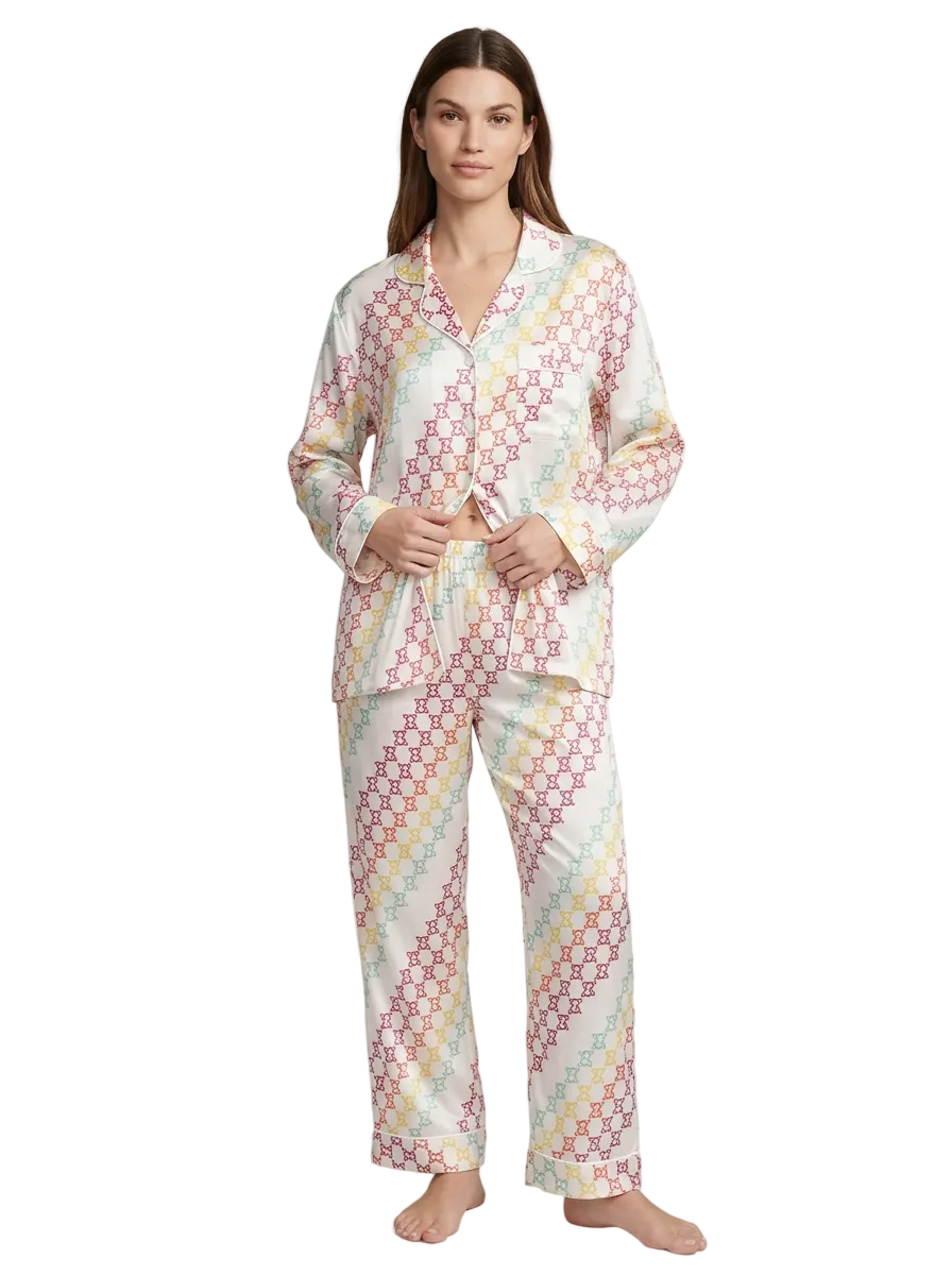 Multicolour Motif Pajama Set, White